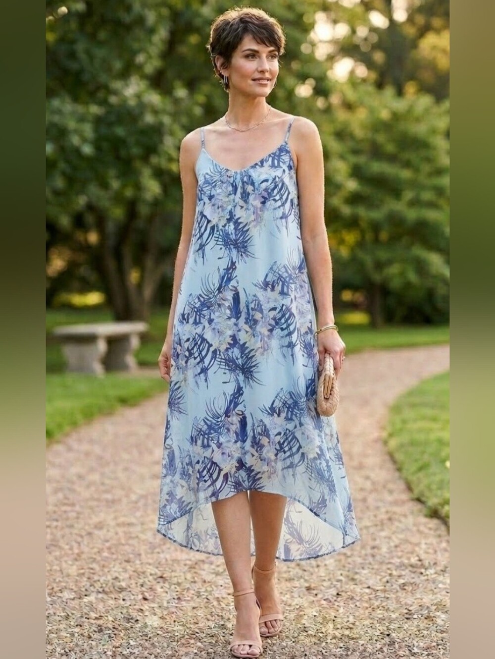 Dex Spaghetti Strap High Low Dress Flowy Light Blue Abstract Floral Small